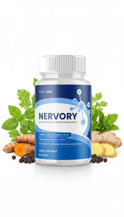 Nervory nerve support capsule bottle beside B-vitamin and botanical ingredient props